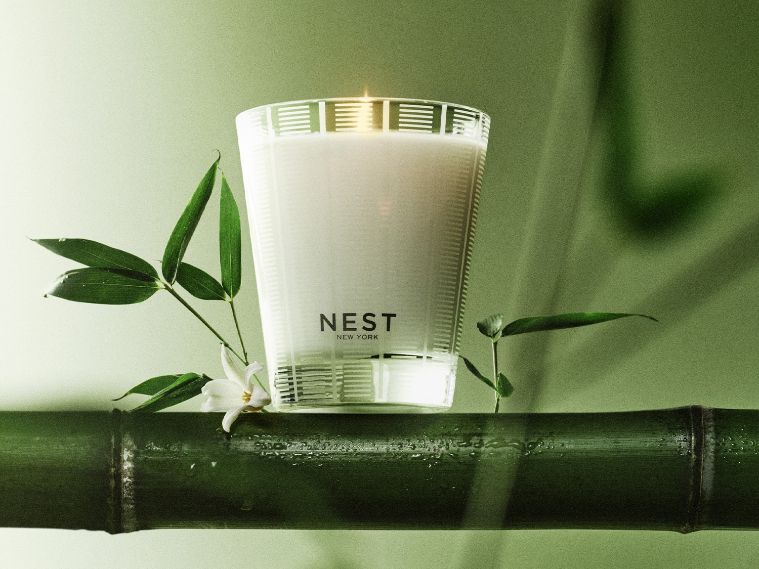 A Nest New York gyertya egy bambuszszáron ül, zöld levelekkel és egy kis fehér virággal körülvéve, ami egy frissítő és természetes hangulatot áraszt.