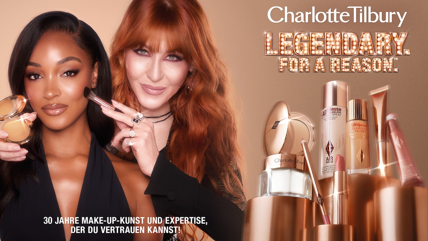 Charlotte Tilbury präsentiert 30 Jahre Make-up-Kunst und Expertise, der Sie vertrauen können, mit einer Kollektion in Goldtönen und dem Slogan Legendary for a Reason.