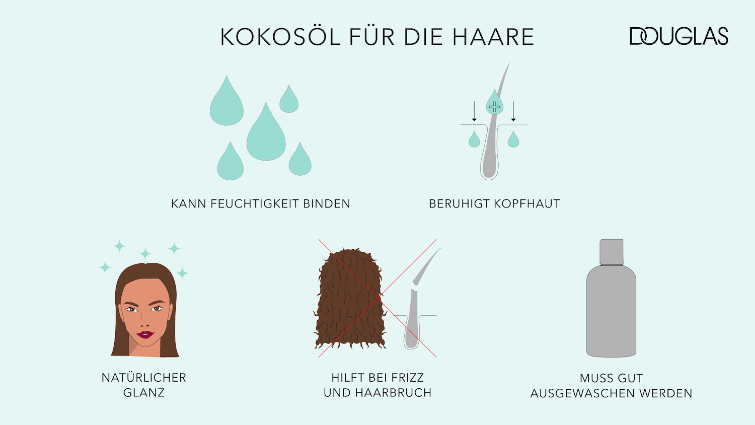 Kokosöl für die Haare von Douglas spendet Feuchtigkeit, beruhigt die Kopfhaut, verleiht natürlichen Glanz und hilft bei Frizz und Haarbruch.