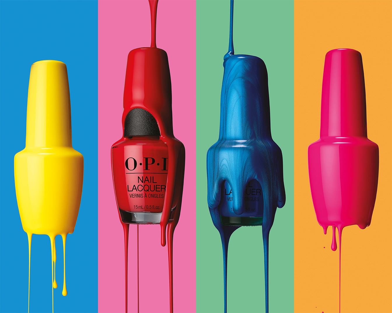 Présentation de vernis à ongles OPI dans des teintes vives : jaune, rouge, bleu et rose, chacun dégoulinant de sa propre couleur.