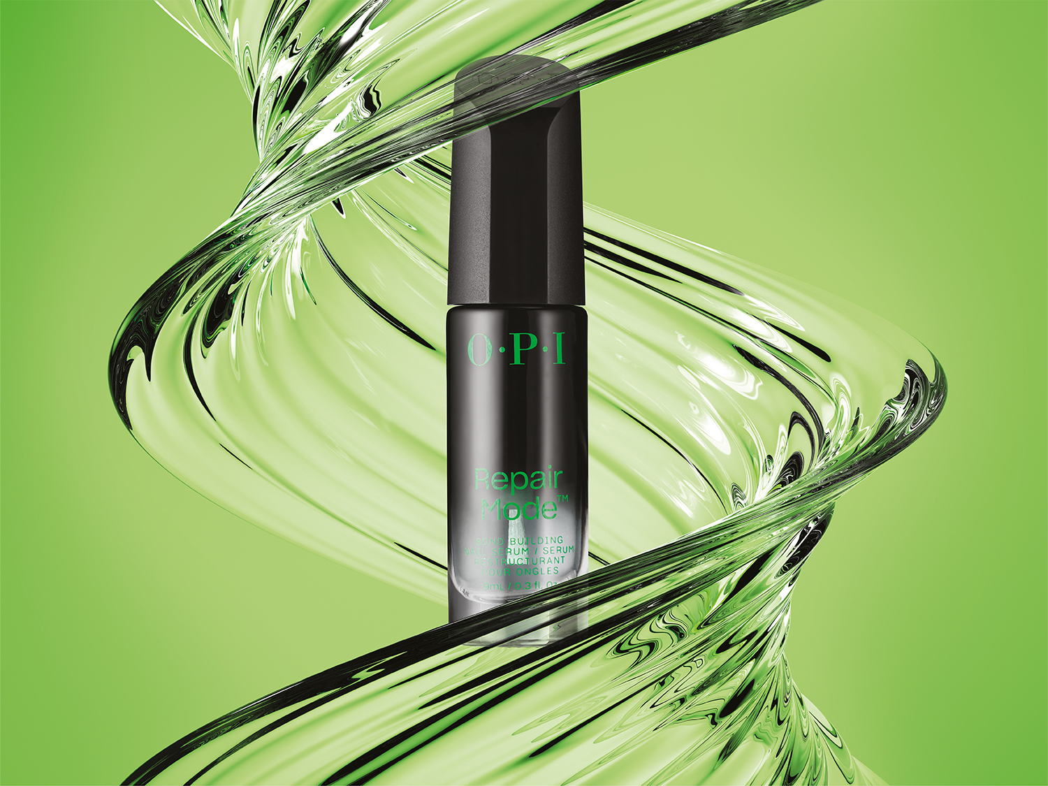 Voici le sérum OPI Repair Mode dans son flacon noir élégant, mis en valeur par des tourbillons vert clair sur un fond vert uni.