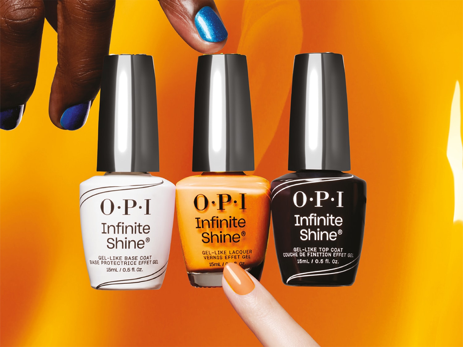Présentation de trois vernis à ongles OPI Infinite Shine : un gel de base blanc, une laque orange et une couche de finition noire, pour une manucure éclatante et durable.