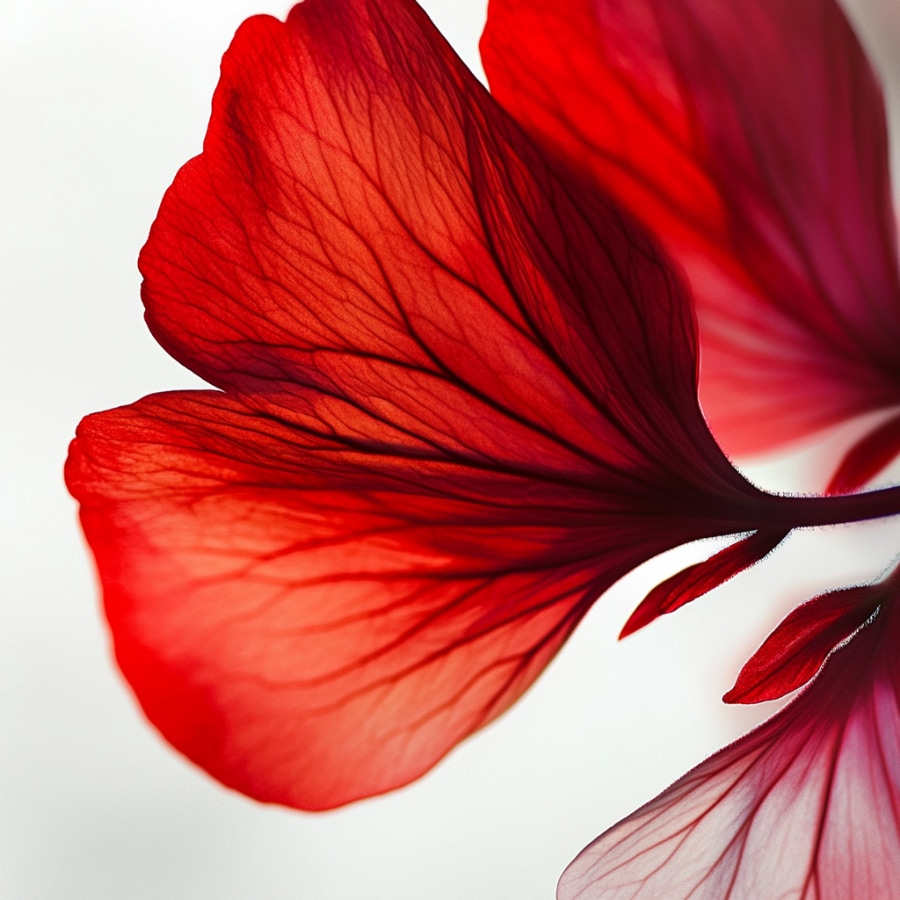 Gros plan saisissant d'une fleur rouge vibrante, ses pétales délicats révélant des veines complexes sur un fond blanc éthéré.