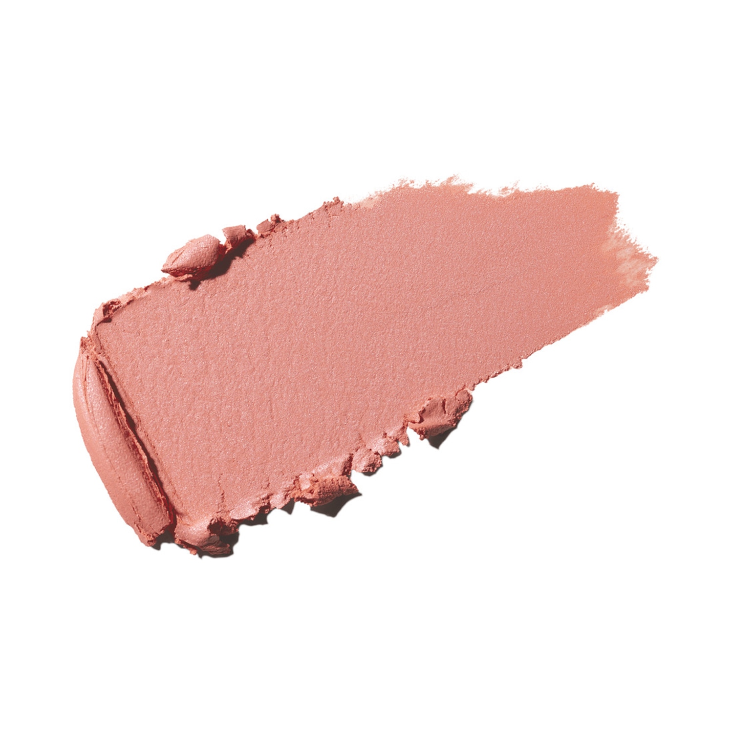 Een close-up van een veeg perzikroze blush, die de zachte textuur en subtiele glans laat zien.