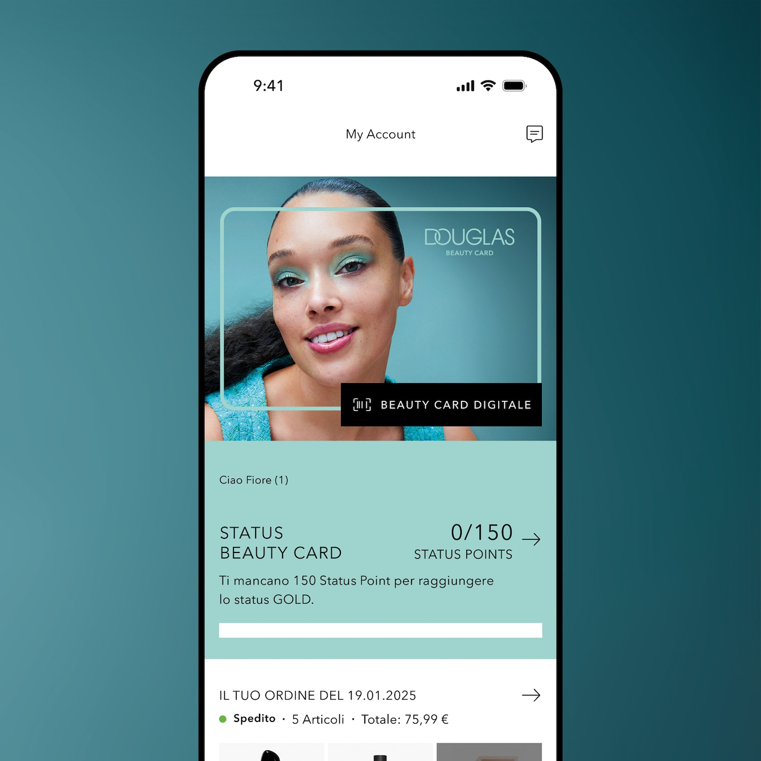 Ecco l'app Douglas con la Beauty Card digitale, che mostra lo status, i punti e un'immagine di una modella con ombretto verde acqua.