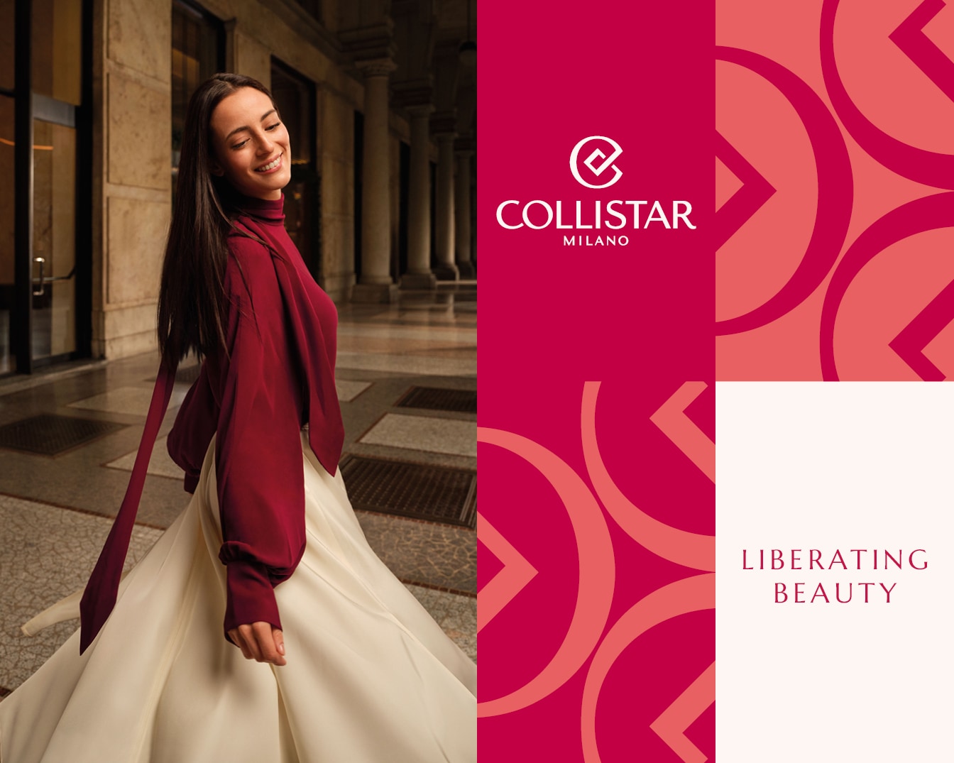 Ontdek Collistar Milano: waar schoonheid bevrijd wordt, zie je een stralende vrouw in een rode top en witte rok, tegen een achtergrond van architectonische elegantie en moderne patronen.