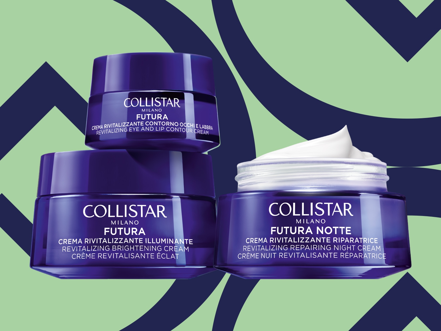 Drie potten Collistar Futura-crème in paarse verpakking, waaronder een revitaliserende oog- en lipcontourcrème, een verhelderende crème en een herstellende nachtcrème.