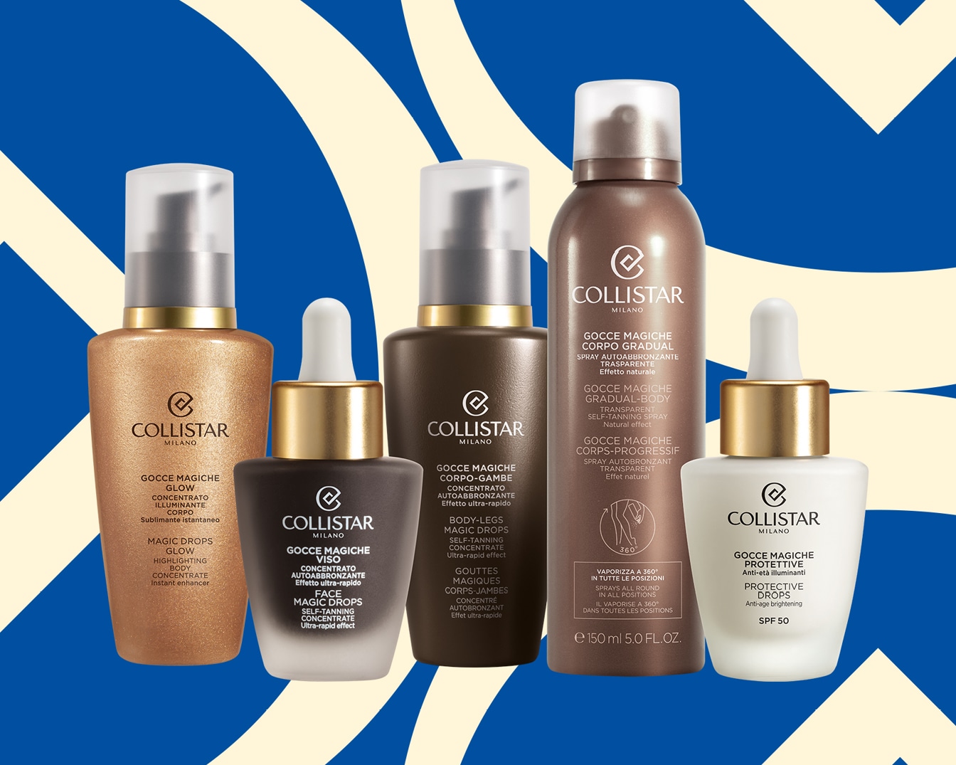 Ontdek de Collistar Milano collectie: Gocce Magiche Glow voor een stralende huid, Viso voor een snelle bruining, Corpo-Gambe voor lichaam en benen, Corpo Gradual spray voor een natuurlijke teint, en Protettive Drops met SPF 50.