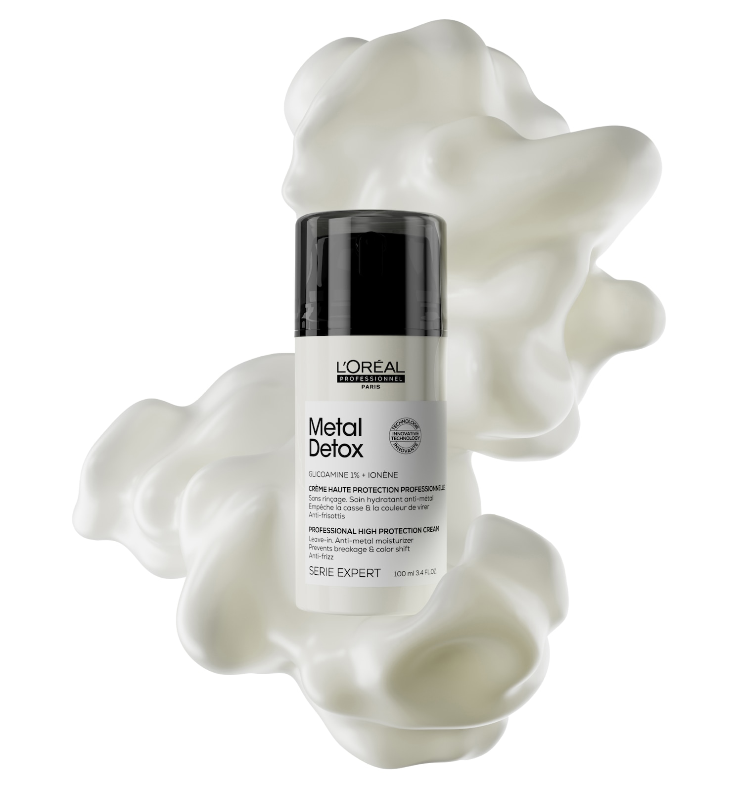 De L'Oréal Professionnel Paris Metal Detox crème in een witte verpakking met een zwarte dop, belooft een hoogwaardige professionele bescherming en is verrijkt met Glycoamine en Ionène.