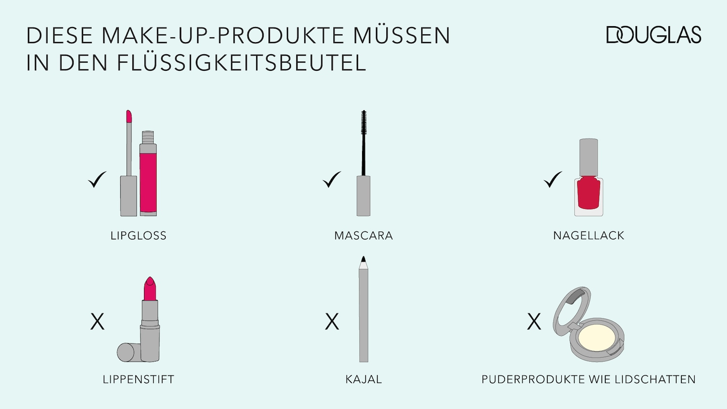 Diese Make-up-Produkte wie Lipgloss, Mascara und Nagellack müssen in den Flüssigkeitsbeutel.
