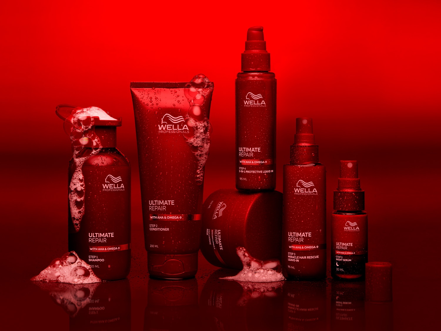 Die Wella Professionals Ultimate Repair-Serie in roten Verpackungen, bestehend aus Shampoo, Conditioner, Leave-In-Produkten und Nachtserum für die Haarpflege.