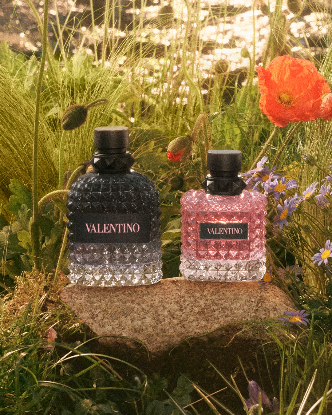 Zwei VALENTINO Parfümflaschen, eine in dunklem Anthrazit und die andere in zartem Rosa, stehen auf einem Stein inmitten von Wildblumen und Gräsern.