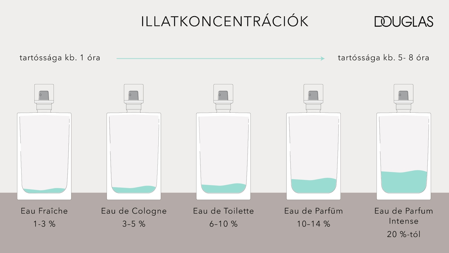 Az ábra az illatkoncentrációkat mutatja be a Douglas-tól, az Eau Fraîche-től az Eau de Parfum Intense-ig, feltüntetve az illatok tartósságát és százalékos arányát.