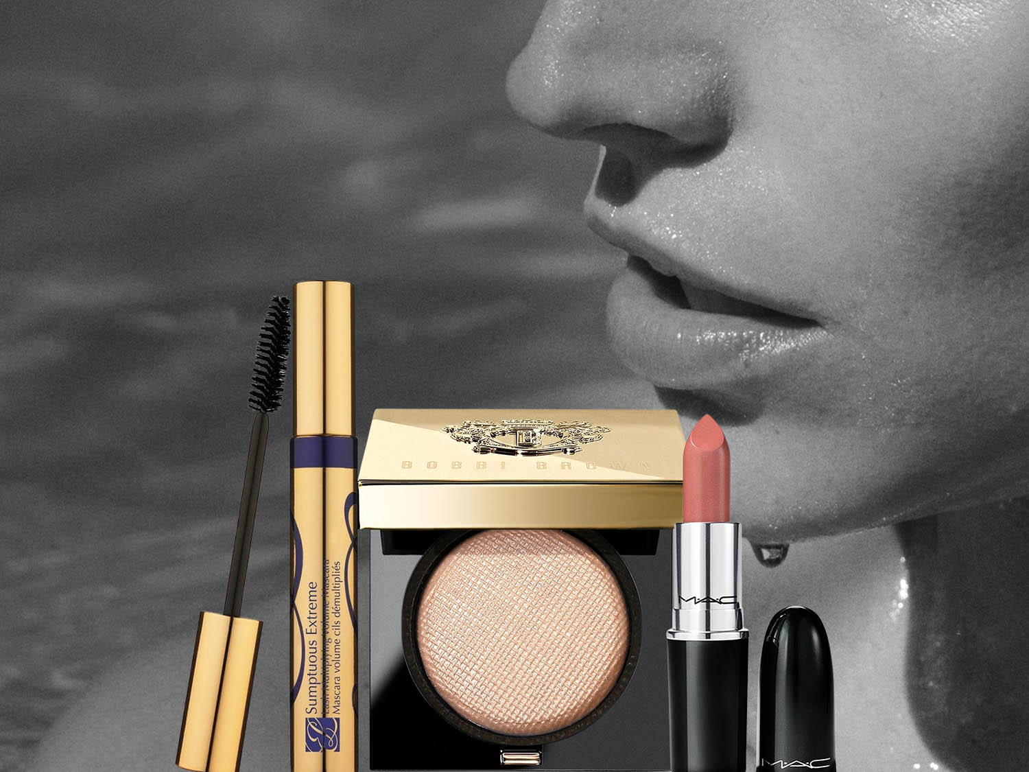 Szminka w srebrnym opakowaniu i podkład Estee Lauder Futurist Hydra Rescue z SPF 45 na tle białego kwiatu.