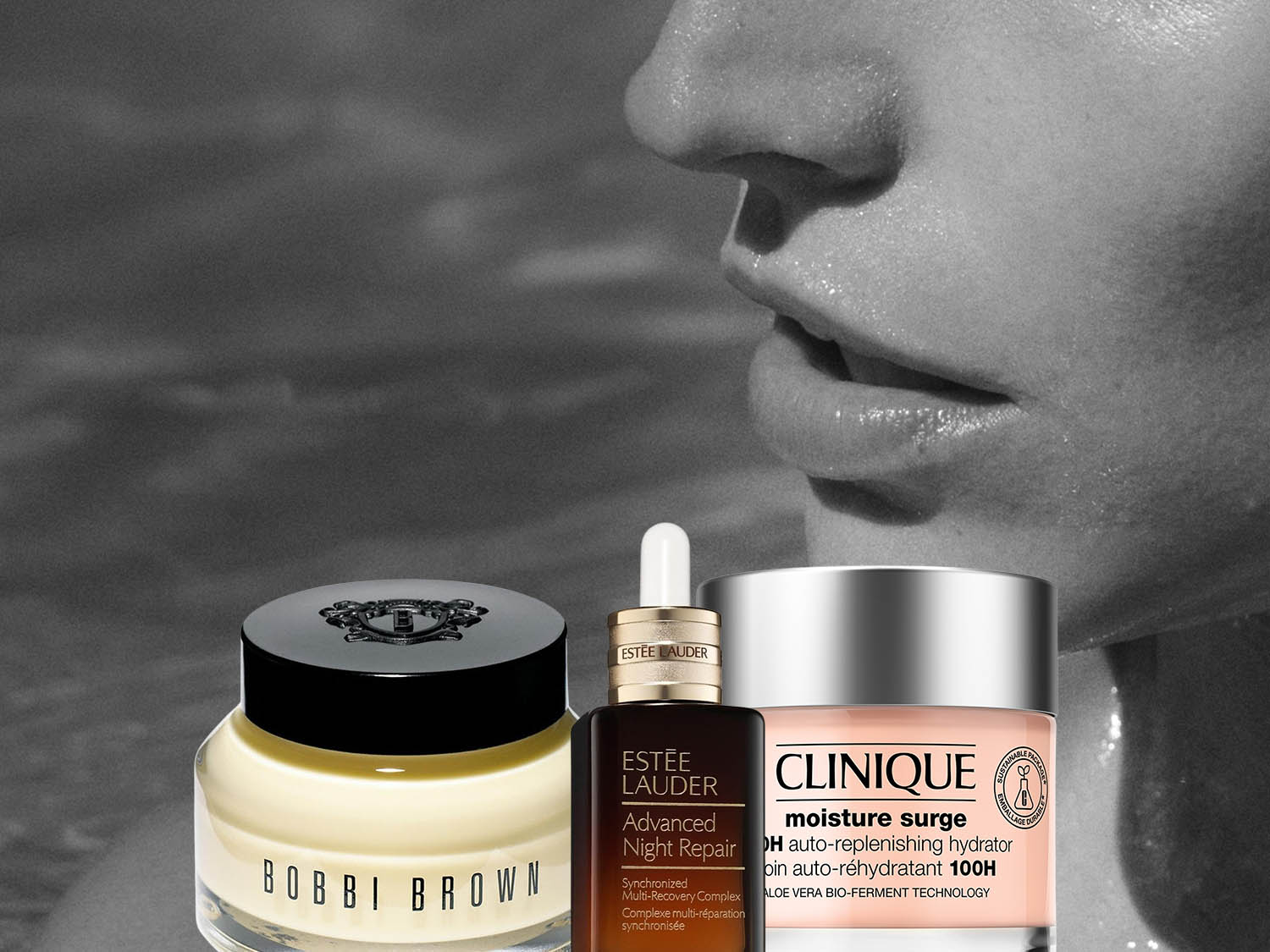 Em primeiro plano, máscara hidratante noturna Origins Drink Up Intensive e frasco de reparação noturna Estée Lauder Advanced, com flor de pétalas brancas ao fundo.