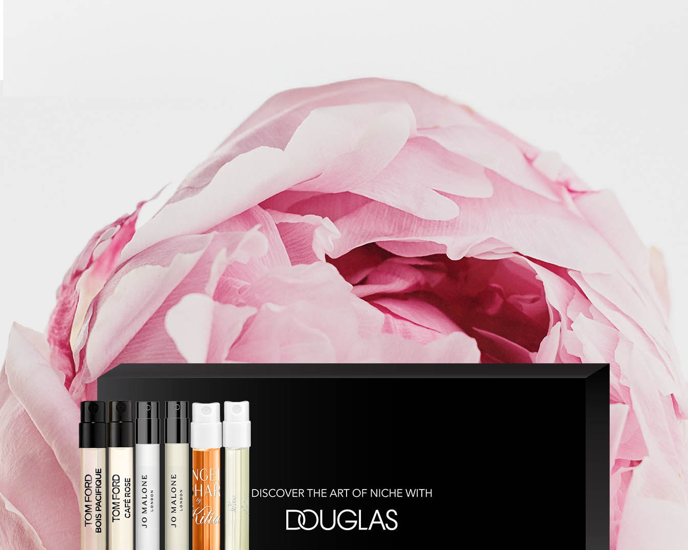 Odkryj sztukę niszy z Douglas: zestaw próbek perfum Tom Ford i Jo Malone na tle delikatnych, różowych płatków kwiatów.