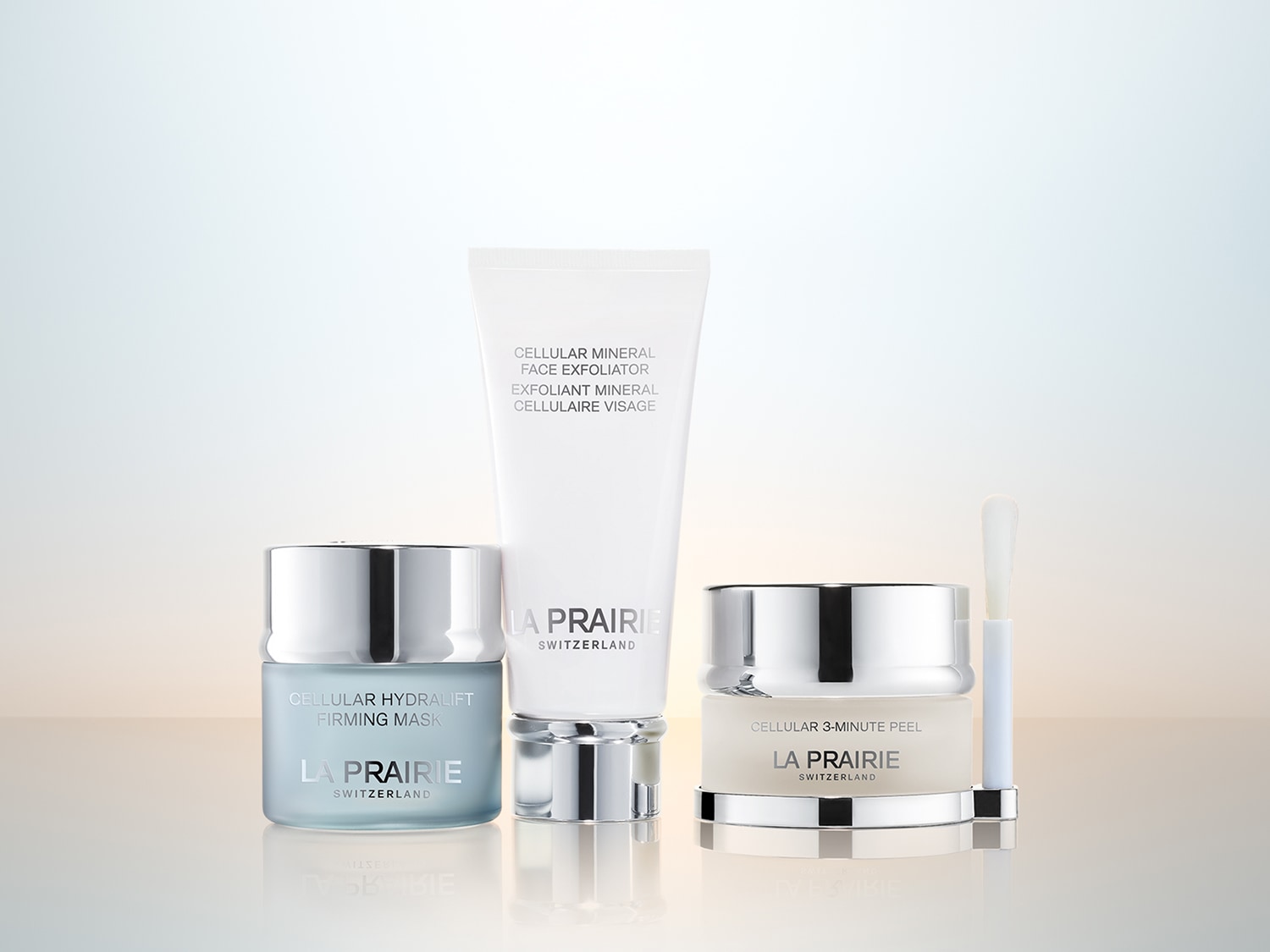 Découvrez le Masque Fermeté Hydralift Cellulaire, l'Exfoliant Visage Minéral Cellulaire et le Peeling 3 Minutes Cellulaire de La Prairie pour une peau éclatante.