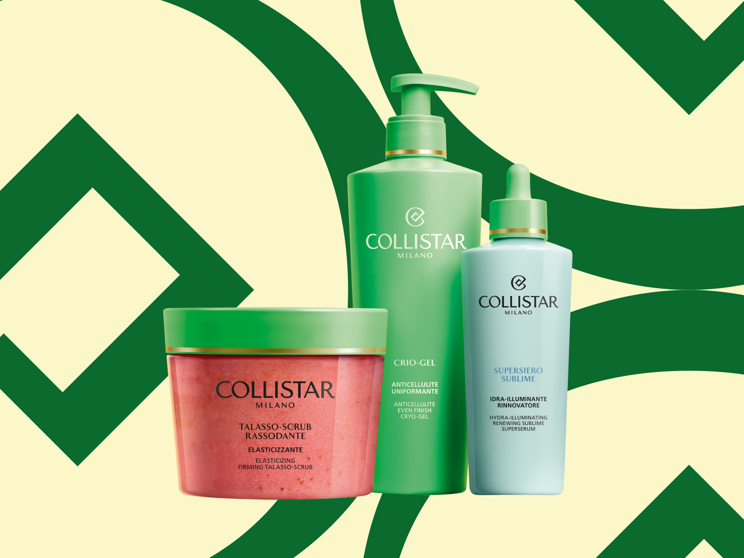 Découvrez le trio Collistar Milano : un gommage talasso raffermissant rose, un cryo-gel vert et un supersérum sublime bleu pour une peau revitalisée.