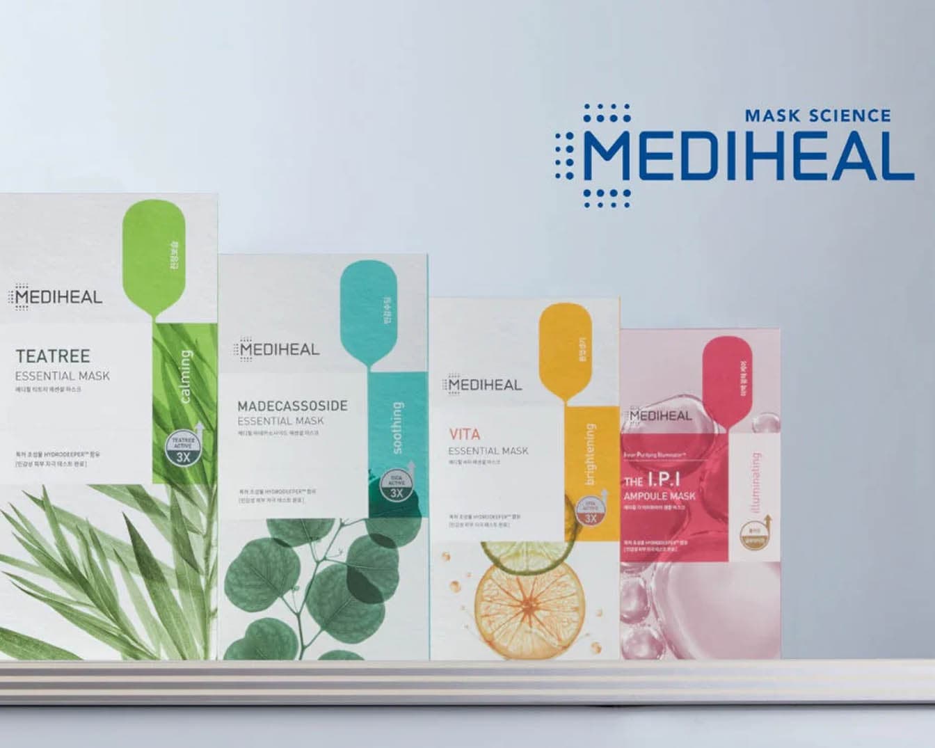 Kolekcja masek Mediheal Essential: Teatree dla ukojenia, Madecassoside dla złagodzenia, Vita dla rozjaśnienia i I.P.I Ampoule dla rozświetlenia cery.