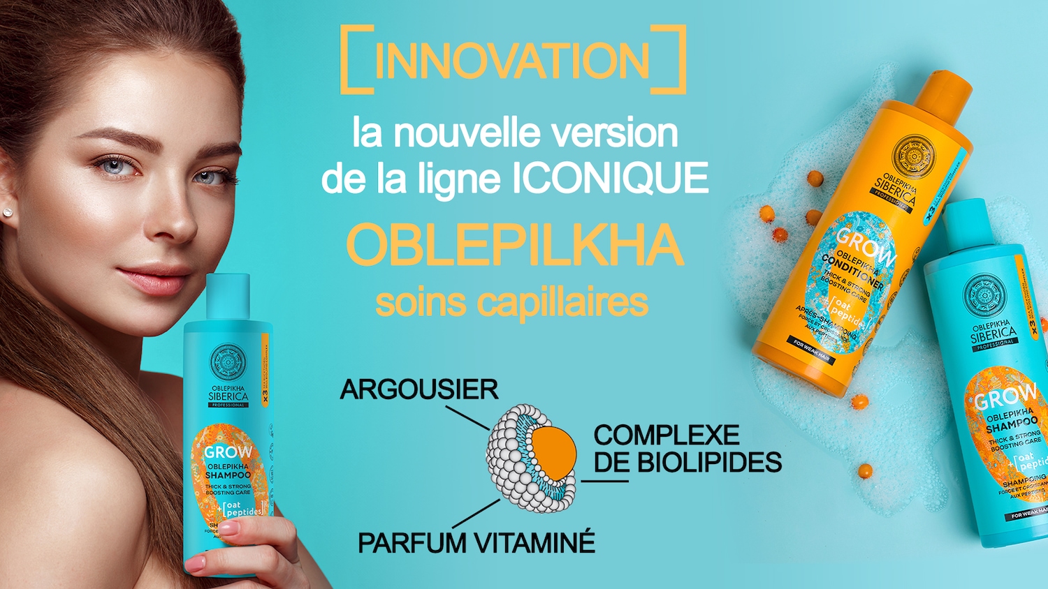Découvrez la nouvelle version de la ligne iconique OBLEPIKHA pour des soins capillaires innovants, enrichis en argousier, complexe de biolipides et parfum vitaminé.