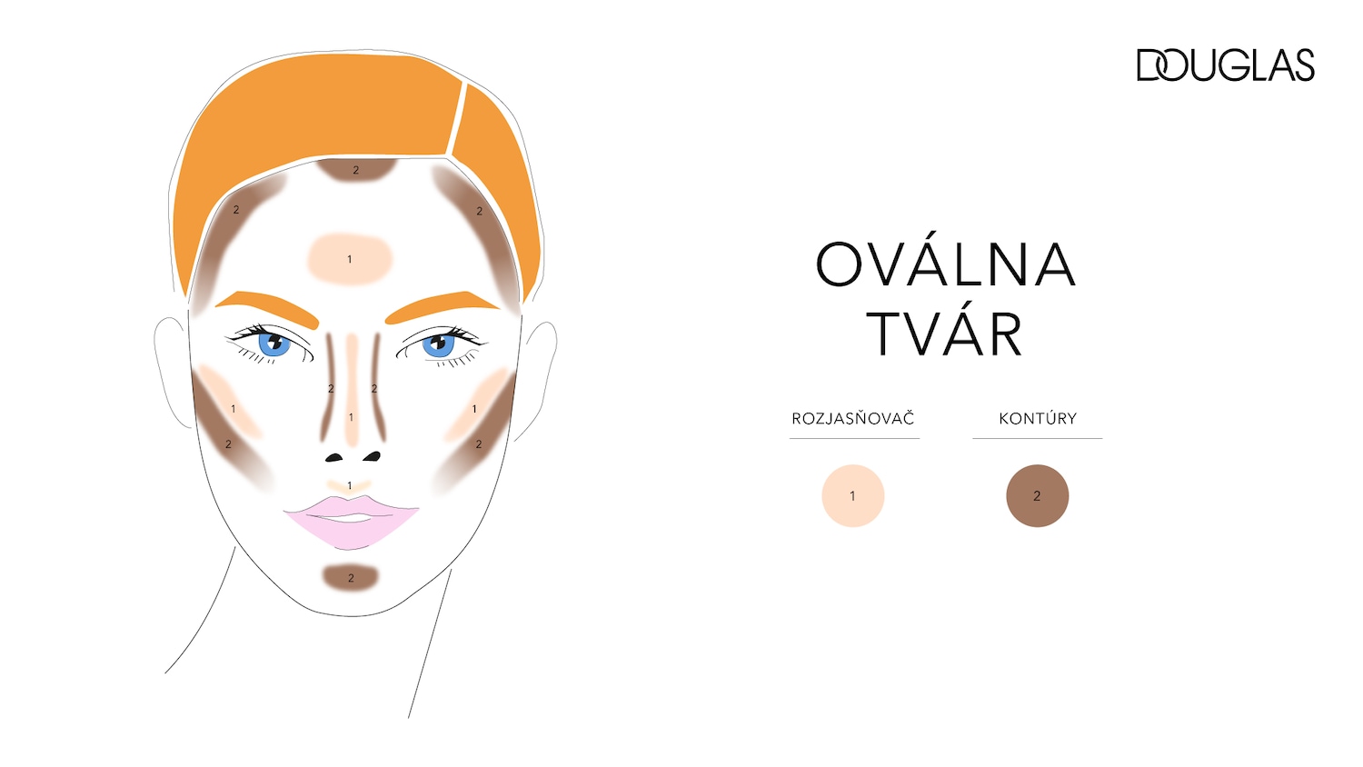 Ilustrácia oválnej tváre s vyznačenými oblasťami pre rozjasňovač (1) a kontúry (2) pre dokonalý make-up.
