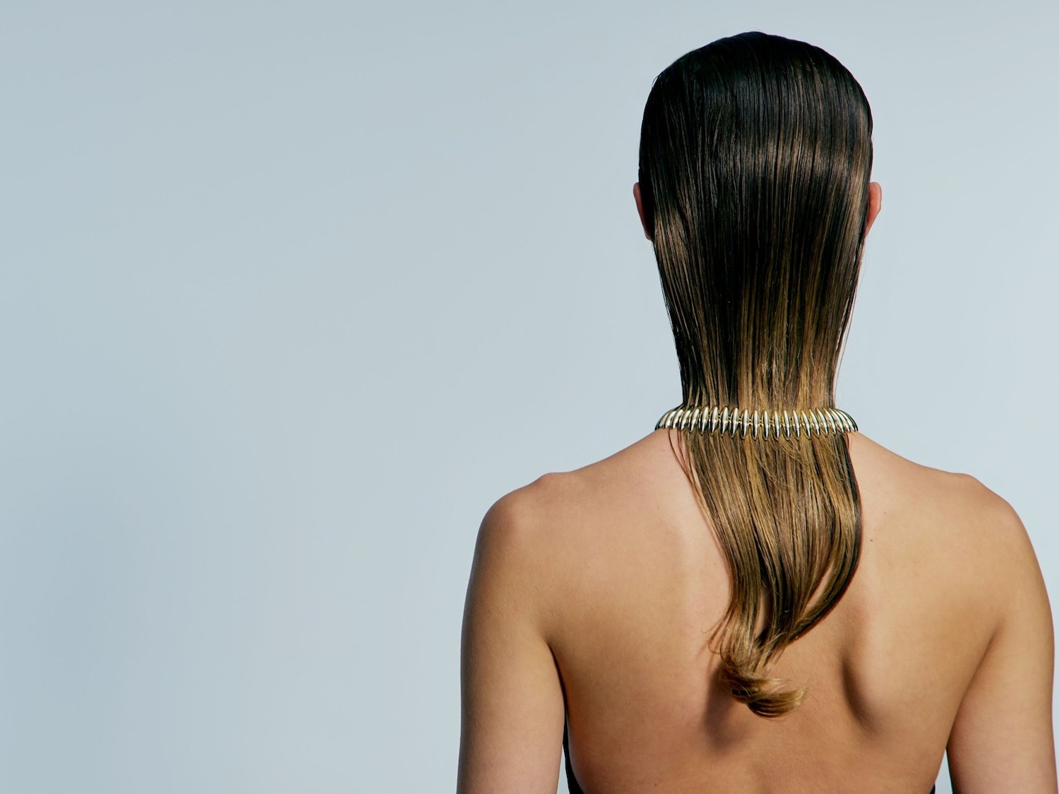Van achteren gezien heeft een vrouw halflang, nat haar dat van donkerbruin naar blond verloopt, met een gouden halsketting om haar nek.