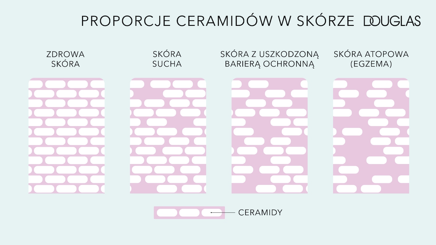 Ilustracja przedstawia proporcje ceramidów w skórze dla skóry zdrowej, suchej, z uszkodzoną barierą ochronną i atopowej (egzema), z podpisem 'Ceramidy'.