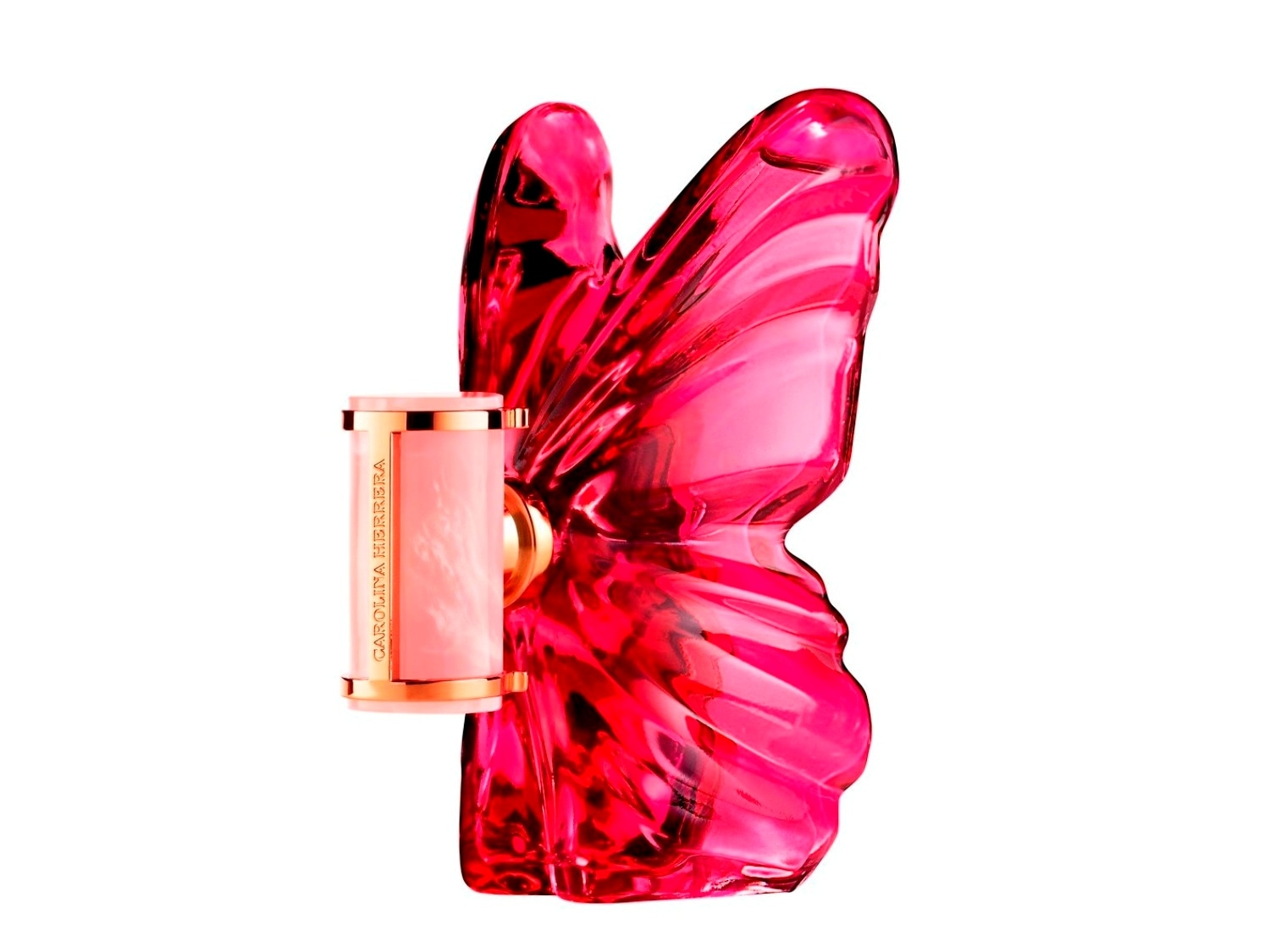 A Carolina Herrera Very Good Girl Glam parfüm üvege rózsaszín pillangó formájú, rózsaszín kupakkal.