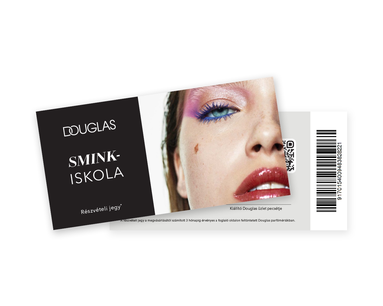 A Douglas sminkiskola részvételi jegye látható, mely a vásárlástól számított 3 hónapig érvényes a Douglas parfümériákban, a képen egy nő látható kék szemhéjfestékkel és fényes piros ajkakkal.