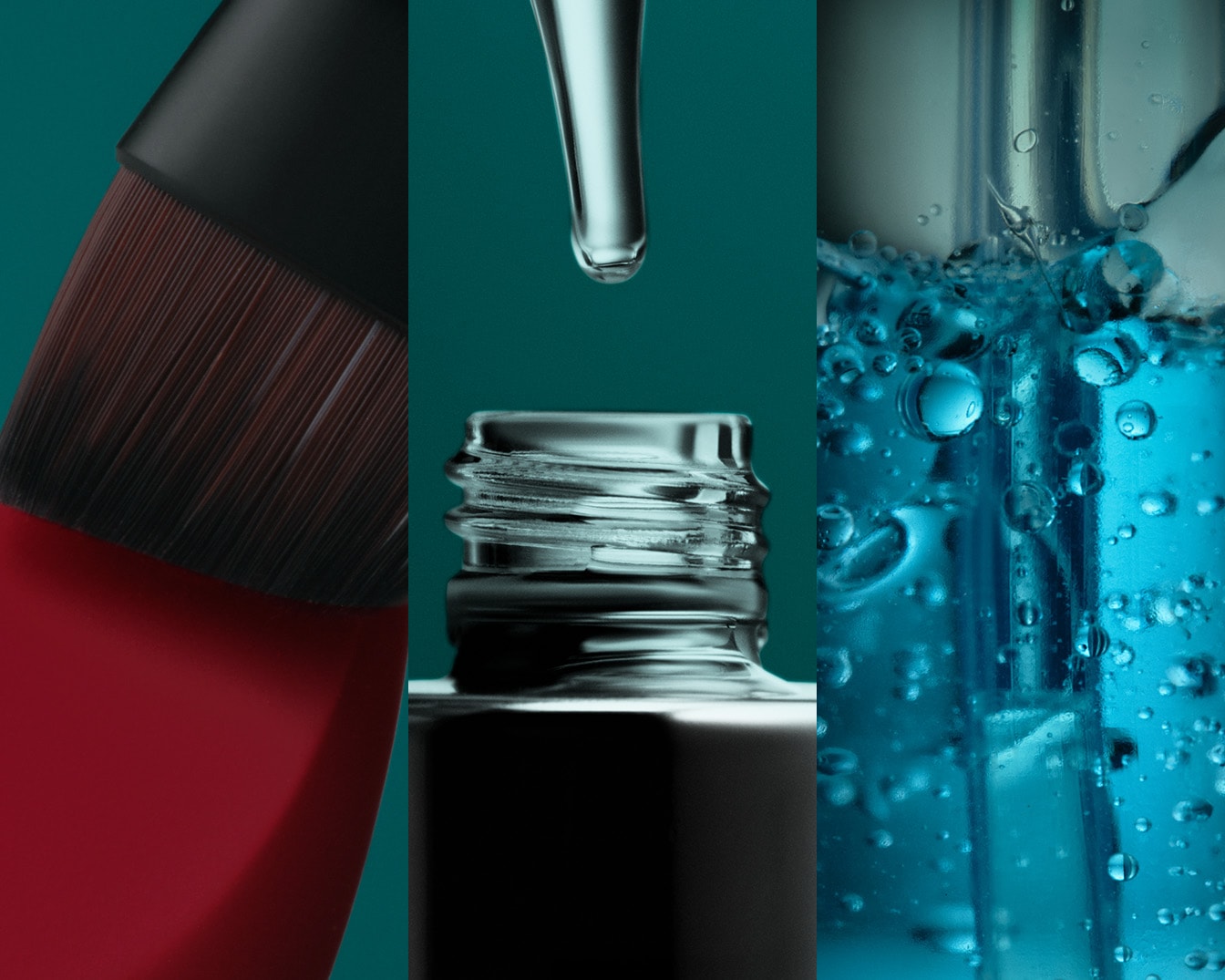 Šepetėlis su raudonu korpusu, skaidrus lašelis virš sidabrinio buteliuko ir mėlynas skystis su burbuliukais buteliuke.