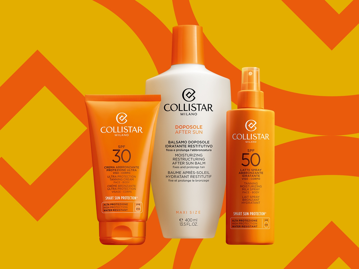 Trzy produkty Collistar Milano do opalania i po opalaniu: pomarańczowa tuba kremu do opalania SPF 30, biała butelka balsamu po opalaniu oraz pomarańczowy spray do opalania SPF 50, wszystkie na tle w odcieniach żółci i pomarańczy.