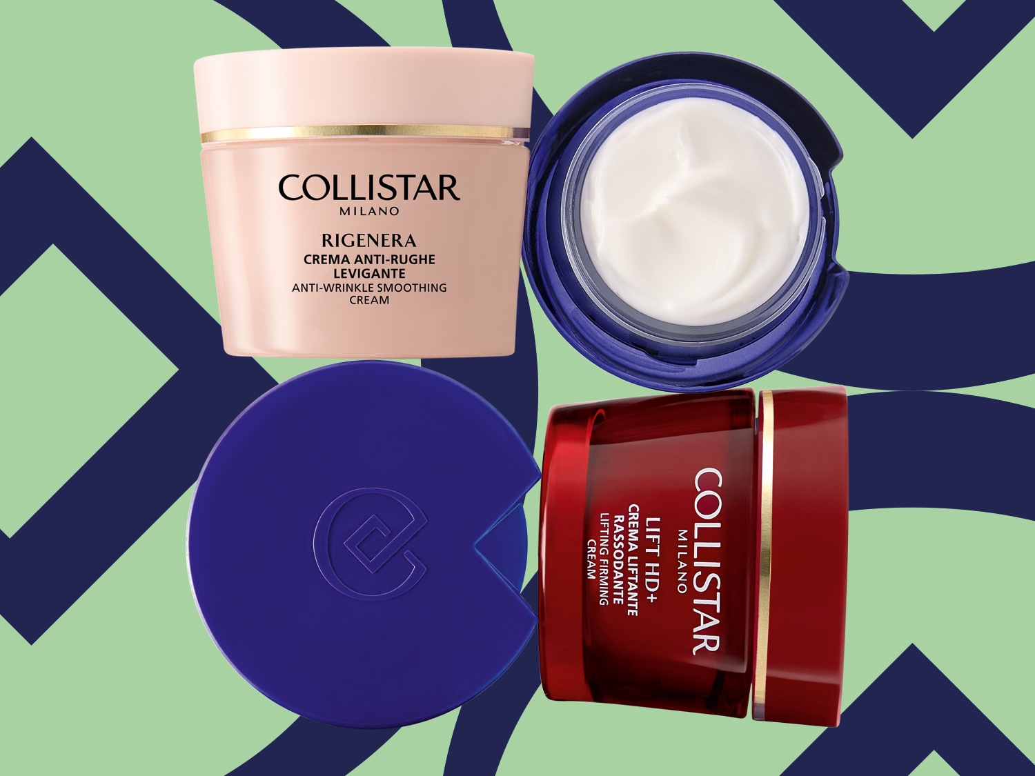 Dwa słoiczki kremów Collistar Milano, jeden w kolorze brzoskwiniowym z napisem "RIGENERA ANTI-WRINKLE SMOOTHING CREAM", a drugi w kolorze bordowym z napisem "LIFT HD+ LIFTING FIRMING CREAM", stoją na tle zielono-granatowego wzoru.