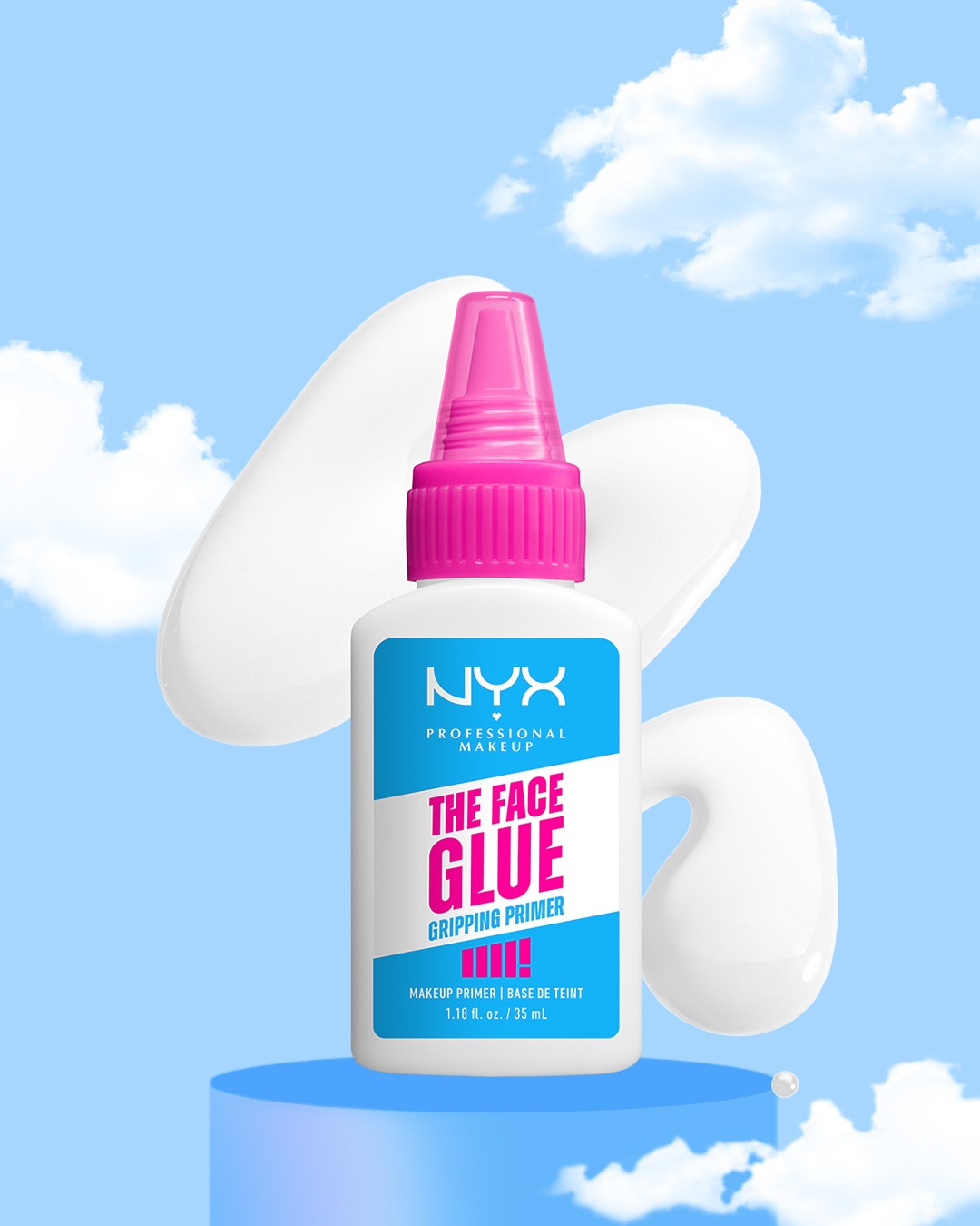 Découvrez The Face Glue de NYX Professional Makeup, une base de teint adhérente en flacon blanc avec un bouchon rose vif, promettant une tenue impeccable pour votre maquillage.