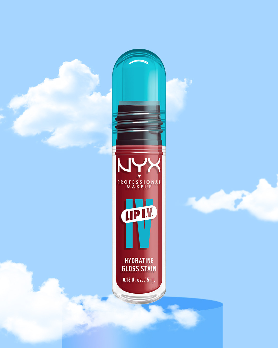 Découvrez le NYX Professional Makeup Lip IV Hydrating Gloss Stain, un rouge à lèvres liquide hydratant dans un emballage transparent avec un bouchon bleu turquoise.