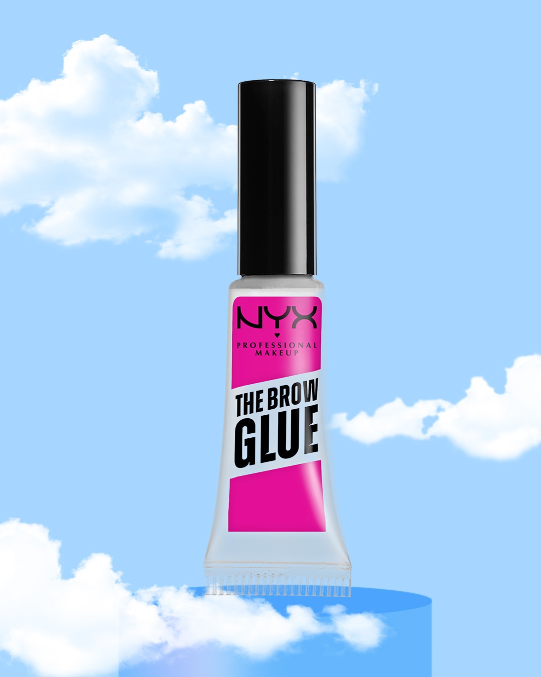 Voici le Brow Glue de NYX Professional Makeup, un tube transparent avec un bouchon noir et une étiquette rose vif.