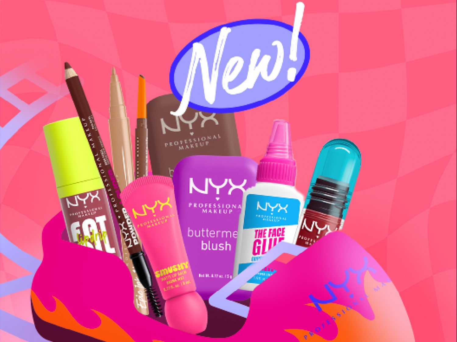 Découvrez les nouveaux produits NYX Professional Makeup, comprenant des crayons, des blushs et des fixateurs, présentés dans des emballages colorés et attrayants.