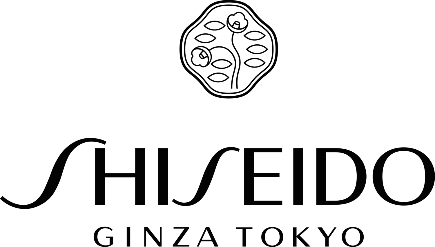 Logo Shiseido Ginza Tokyo w kolorze czarnym, z delikatnym motywem kwiatowym u góry.