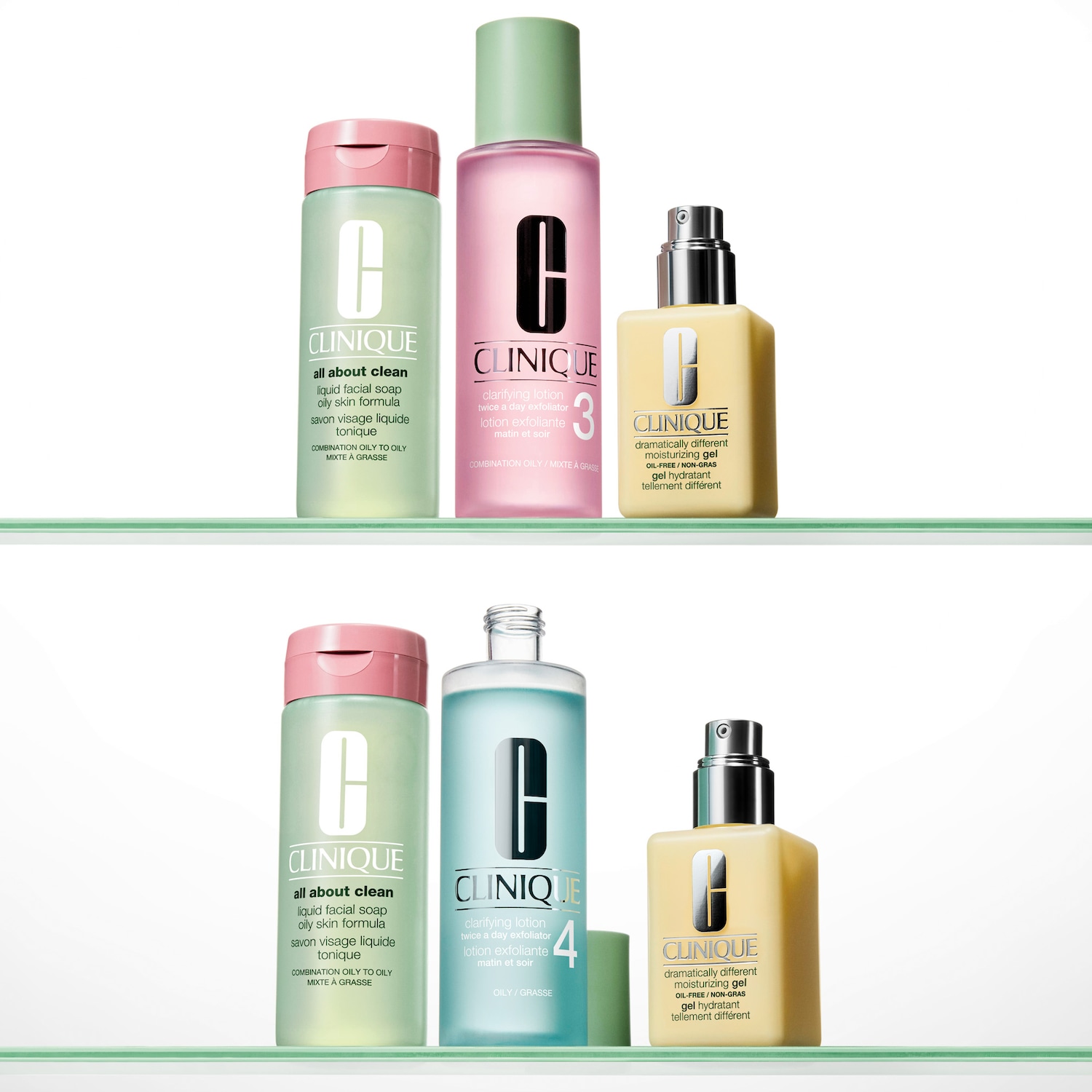 Verschiedene Clinique-Hautpflegeprodukte, darunter flüssige Gesichtsseife, klärendes Gesichtswasser und feuchtigkeitsspendendes Gel, die auf einem Regal präsentiert werden.