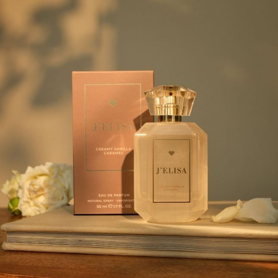 J'ELISA Eau de Parfum mit cremigem Vanille-Karamell-Duft, präsentiert in einer eleganten Verpackung mit facettiertem Verschluss, ideal für den täglichen Gebrauch.