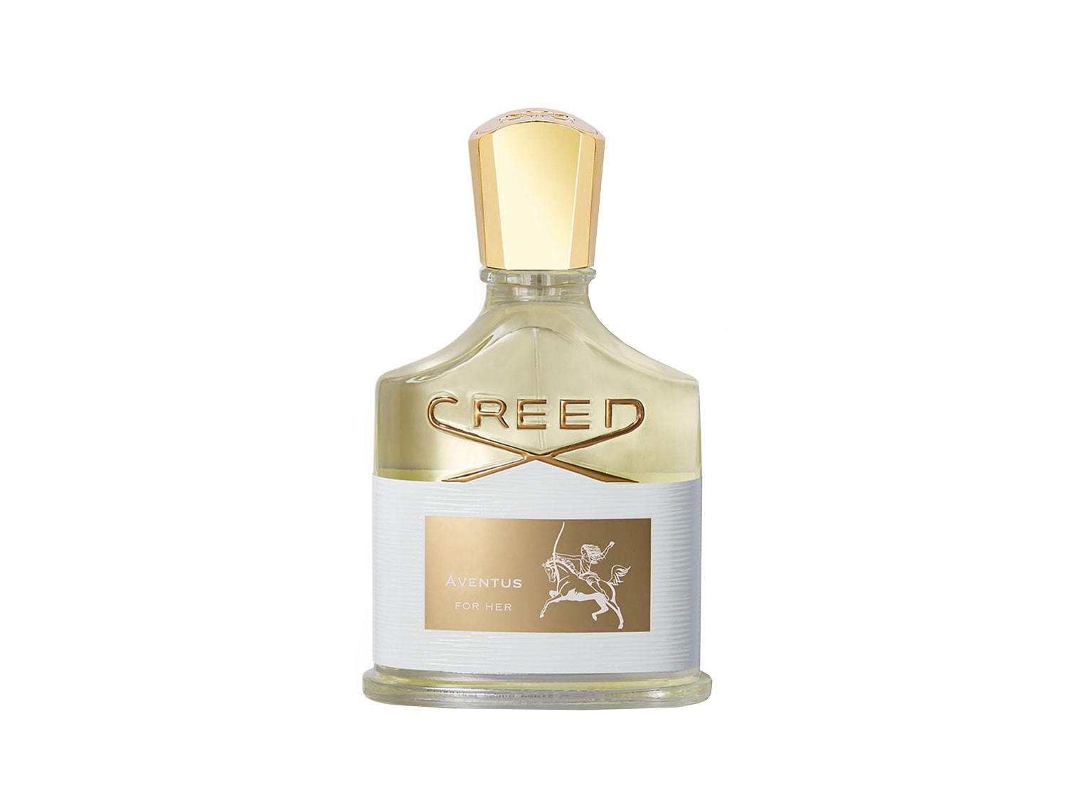 A Creed Aventus For Her parfüm üvegben, arany kupakkal és logóval, elegáns megjelenést kölcsönözve.