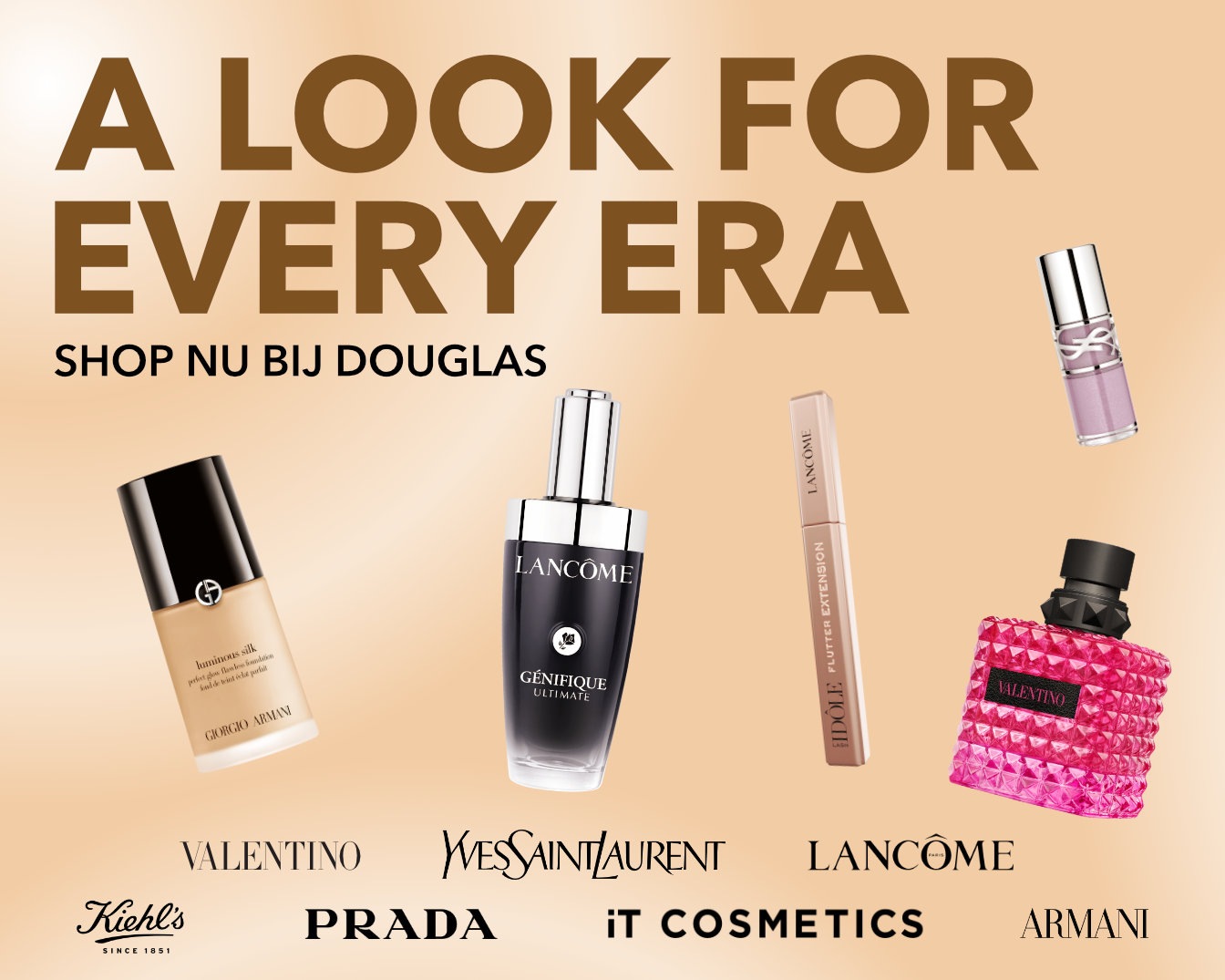 Ontdek een look voor elk tijdperk bij Douglas, met Giorgio Armani Luminous Silk foundation, Lancôme Génifique Ultimate en Valentino parfum.