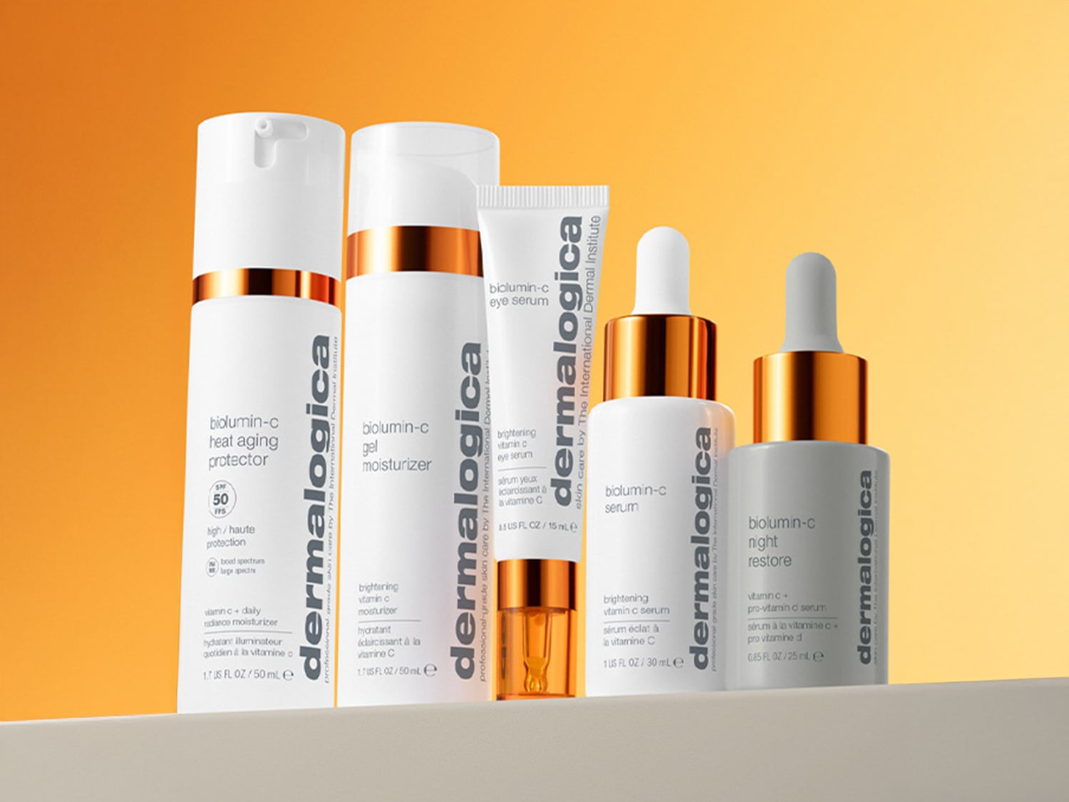 Die Biolumin-C-Serie von Dermalogica umfasst Heat Aging Protector, Gel Moisturizer, Eye Serum, Serum und Night Restore für strahlende Haut.