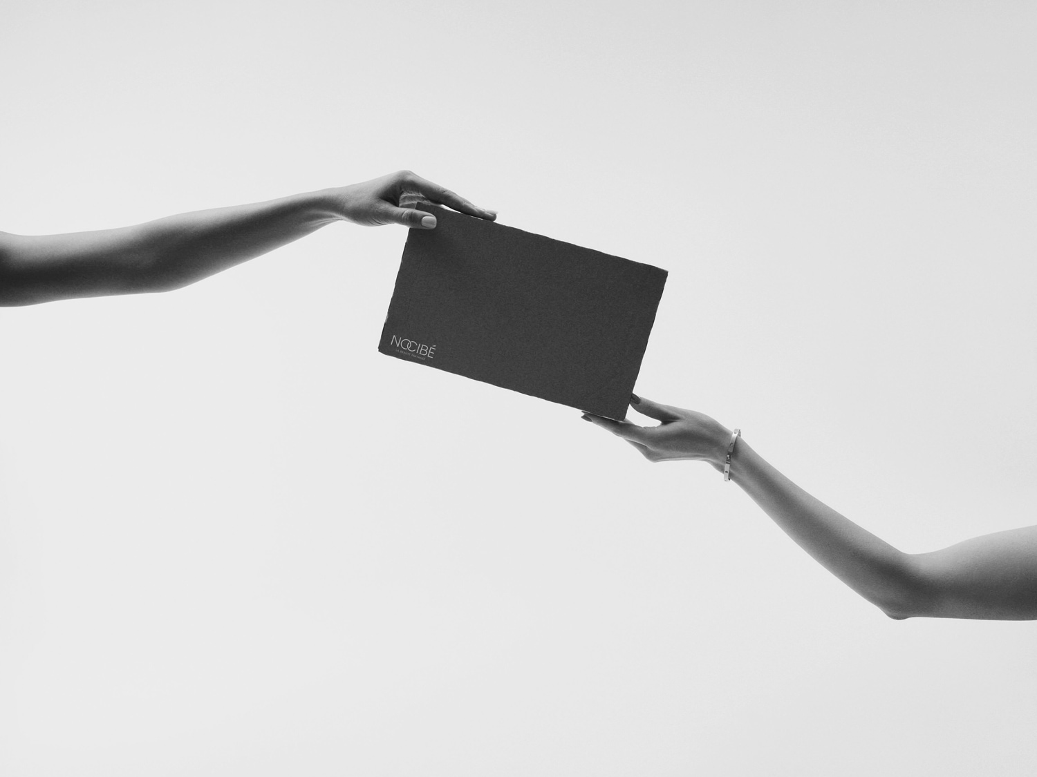 Deux mains se tendent un paquet Nocibé, symbole d'un cadeau beauté offert ou reçu.