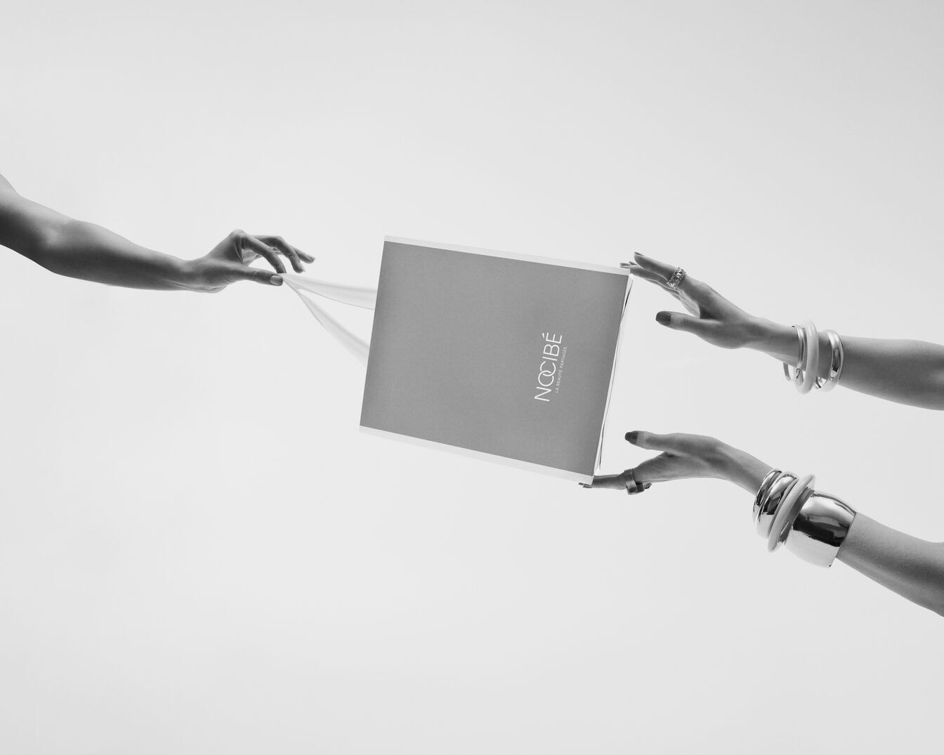 Deux paires de mains, ornées de bijoux, se partagent un sac cadeau Nocibé, symbole de beauté partagée.