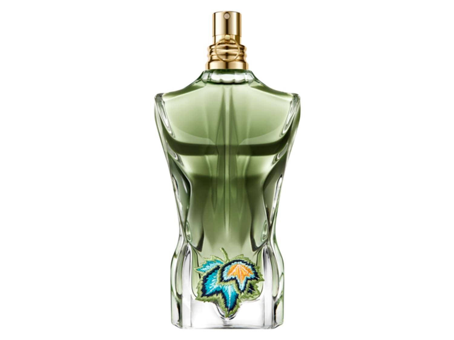 Grüner Parfümflakon in Form eines Männeroberkörpers mit goldenem Verschluss und blau-orangem Blattmuster.