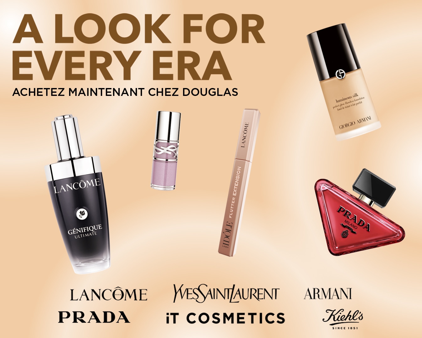 Découvrez un look pour chaque époque avec Lancôme Génifique Ultimate, Yves Saint Laurent, Armani, Prada et IT Cosmetics.