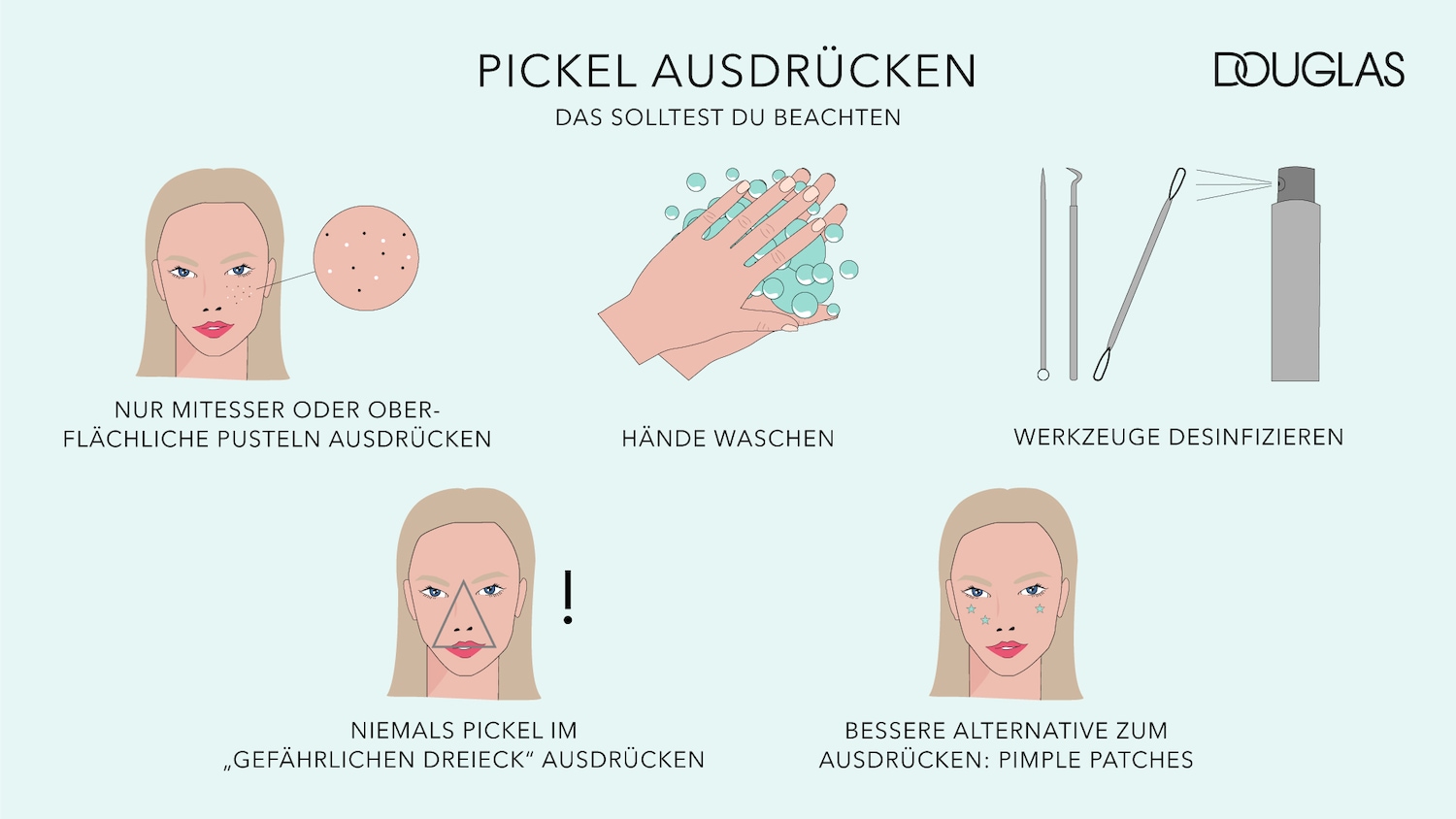 Eine Infografik zum Thema Pickel ausdrücken, die zeigt, welche Dinge man beachten sollte: Mitesser oder oberflächliche Pusteln auszudrücken, Hände waschen, Werkzeuge desinfizieren, niemals im "gefährlichen Dreieck" ausdrücken und lieber Pimple-Patches verwenden.