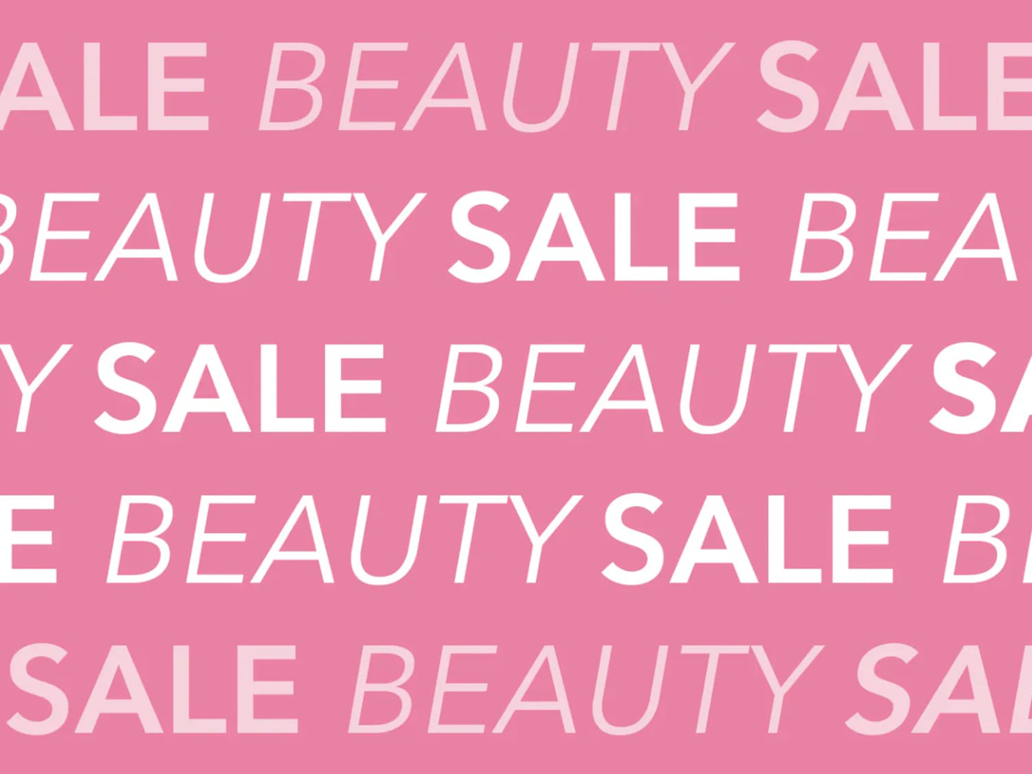 Roze achtergrond met de tekst 'BEAUTY SALE' in witte letters, wat wijst op een schoonheidsuitverkoop.