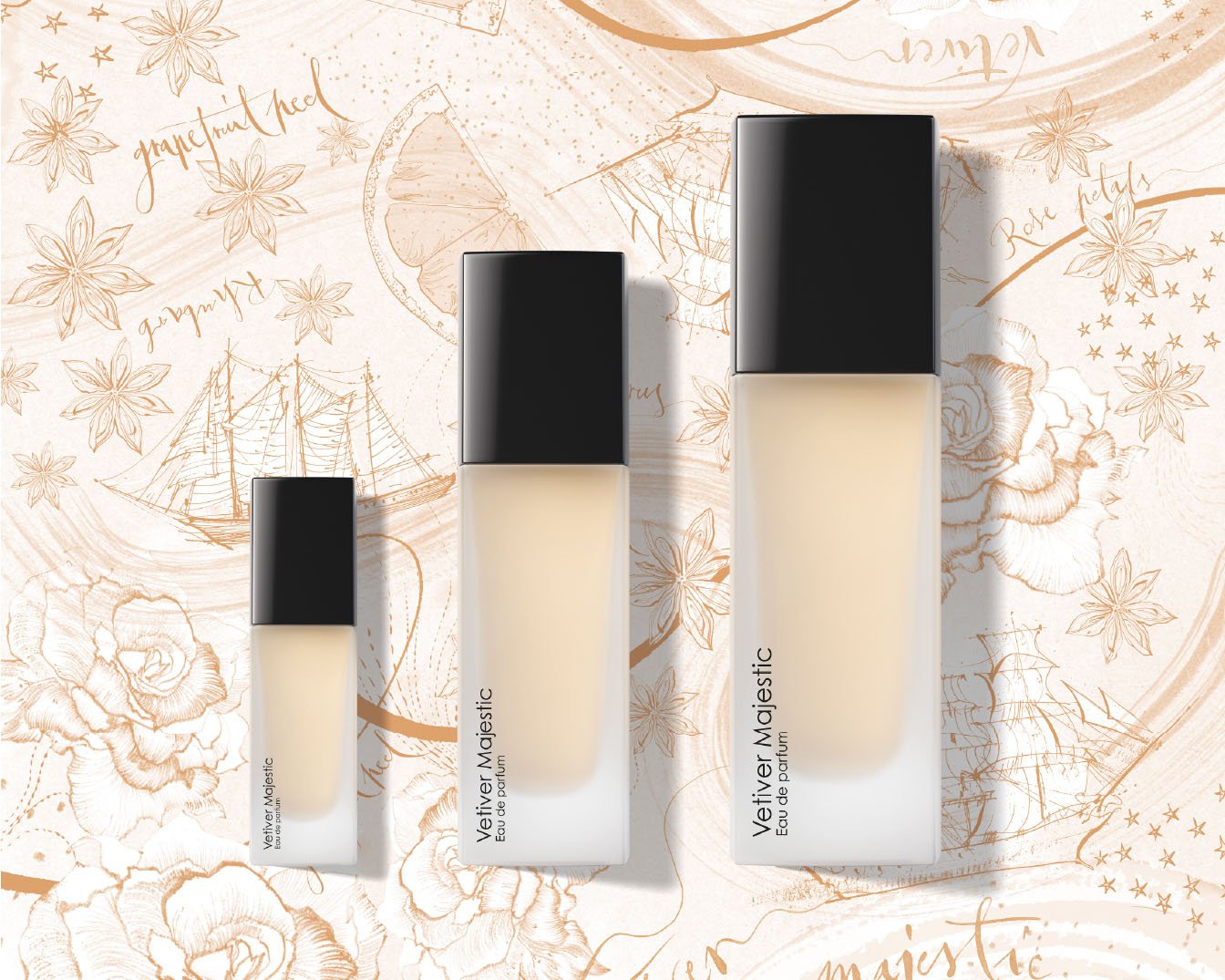 Eleganckie flakony perfum Vetiver Majestic Eau de Parfum w różnych rozmiarach, z kremowym płynem i czarnymi korkami, na tle z motywami kwiatowymi i żeglarskimi.