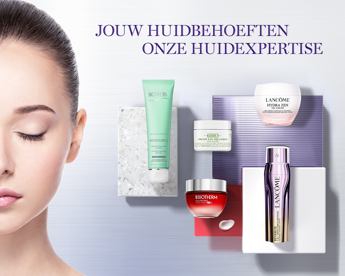 Ontdek Biotherm Biosource reinigingsschuim, Kiehl's romige oogbehandeling, Biotherm Blue Peptides crème, Lancôme Hydra Zen gelcrème en Rénergie serum voor jouw huid.